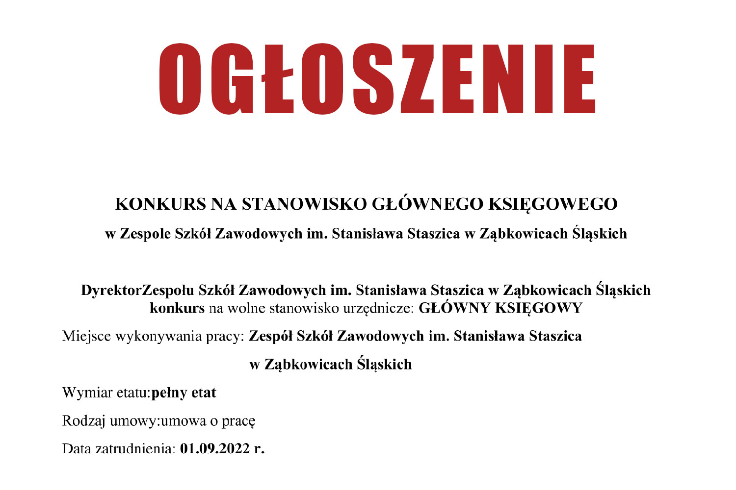 KONKURS NA STANOWISKO GŁÓWNEGO KSIĘGOWEGO - II EDYCJA  WYNIKI NABORU